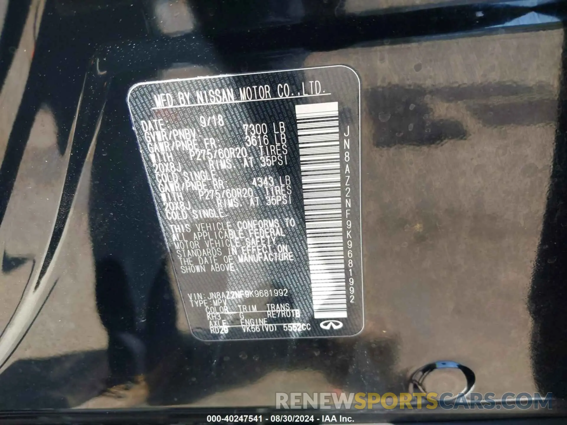 9 Photograph of a damaged car JN8AZ2NF9K9681992 INFINITI QX80 2019