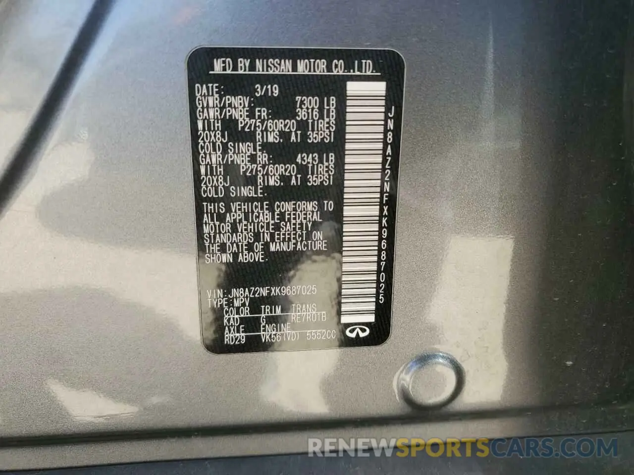 13 Photograph of a damaged car JN8AZ2NFXK9687025 INFINITI QX80 2019