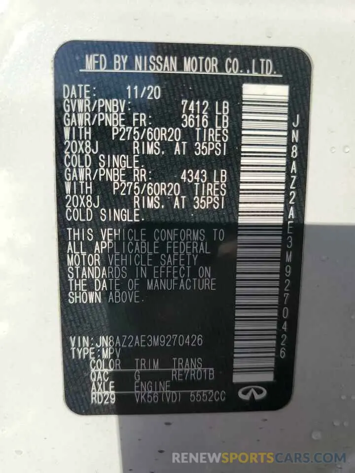 13 Фотография поврежденного автомобиля JN8AZ2AE3M9270426 INFINITI QX80 2021