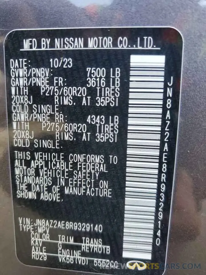 14 Photograph of a damaged car JN8AZ2AE8R9329140 INFINITI QX80 2024
