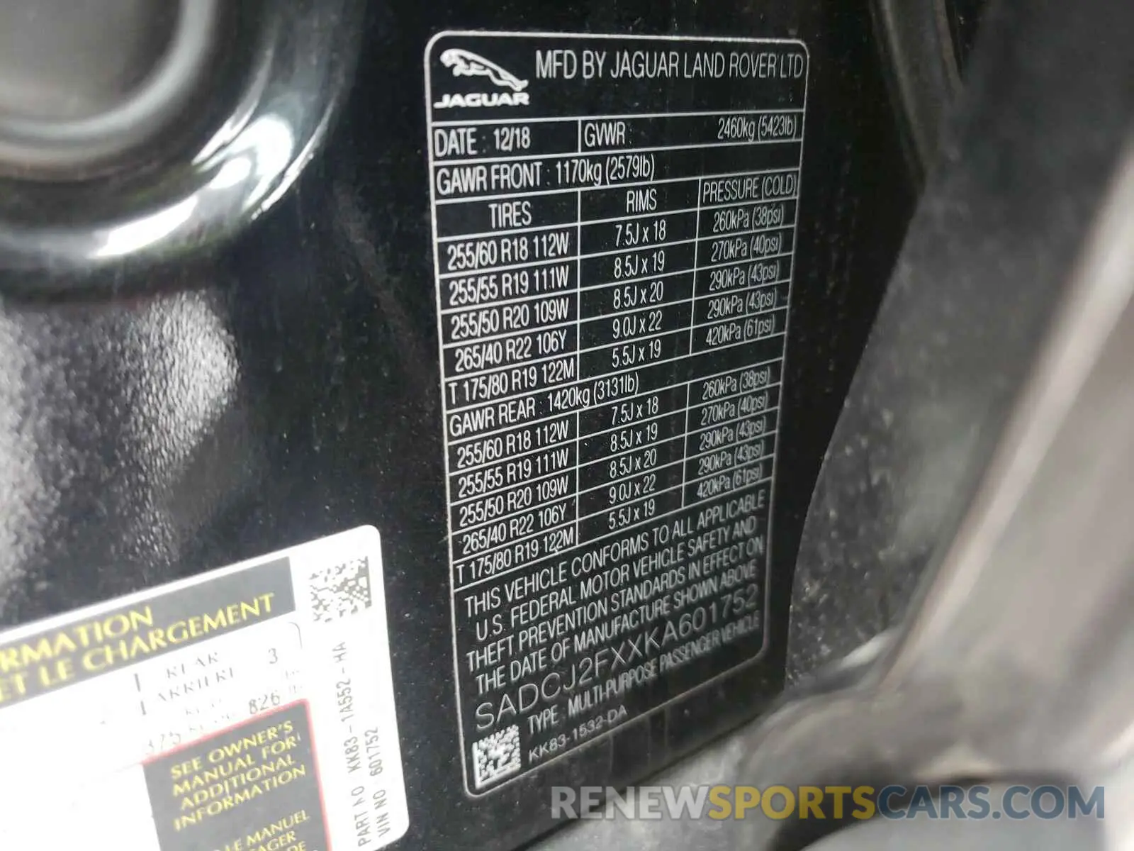 10 Photograph of a damaged car SADCJ2FXXKA601752 JAGUAR F-PACE 2019