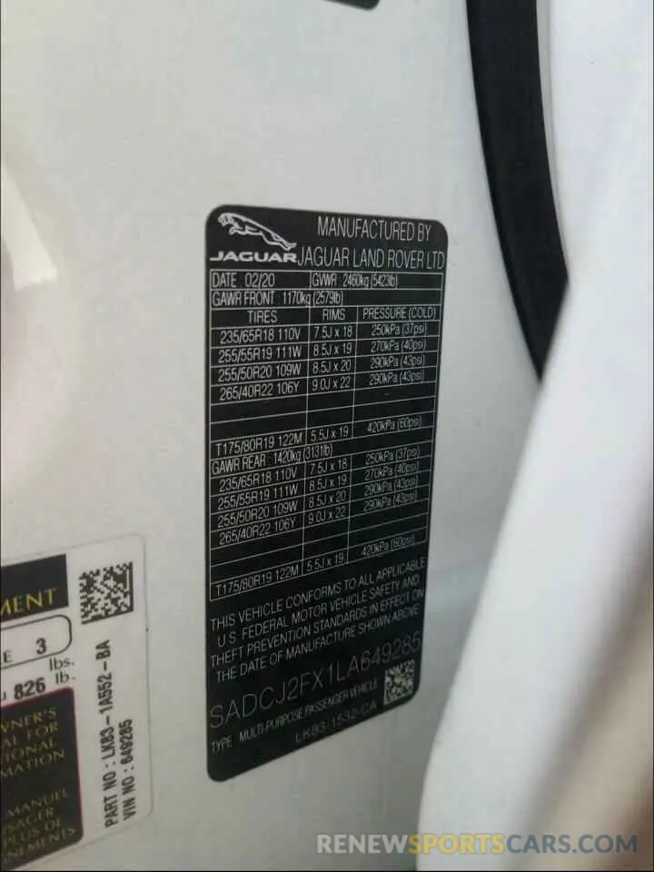 10 Photograph of a damaged car SADCJ2FX1LA649285 JAGUAR F-PACE 2020
