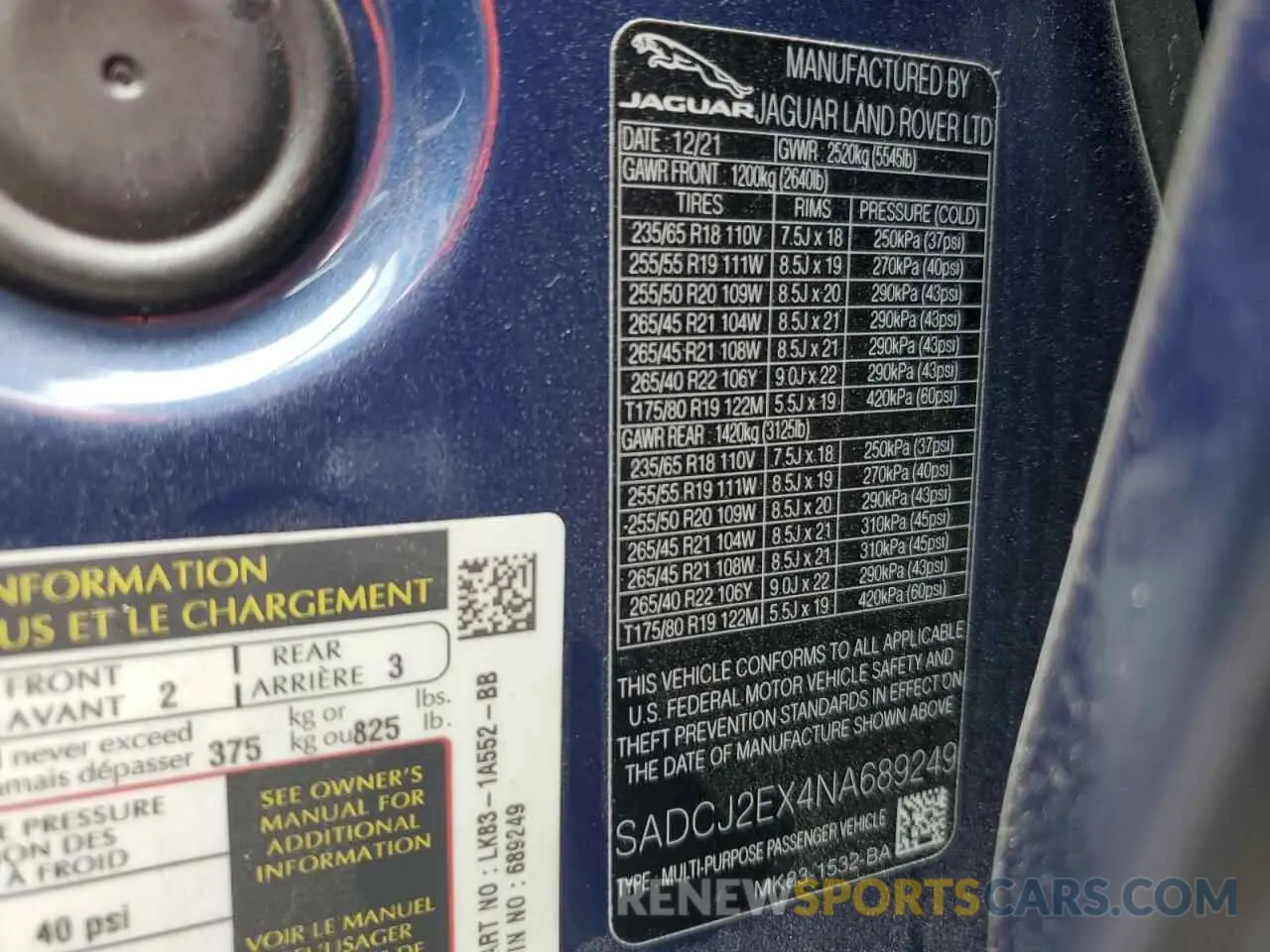 14 Photograph of a damaged car SADCJ2EX4NA689249 JAGUAR F-PACE 2022