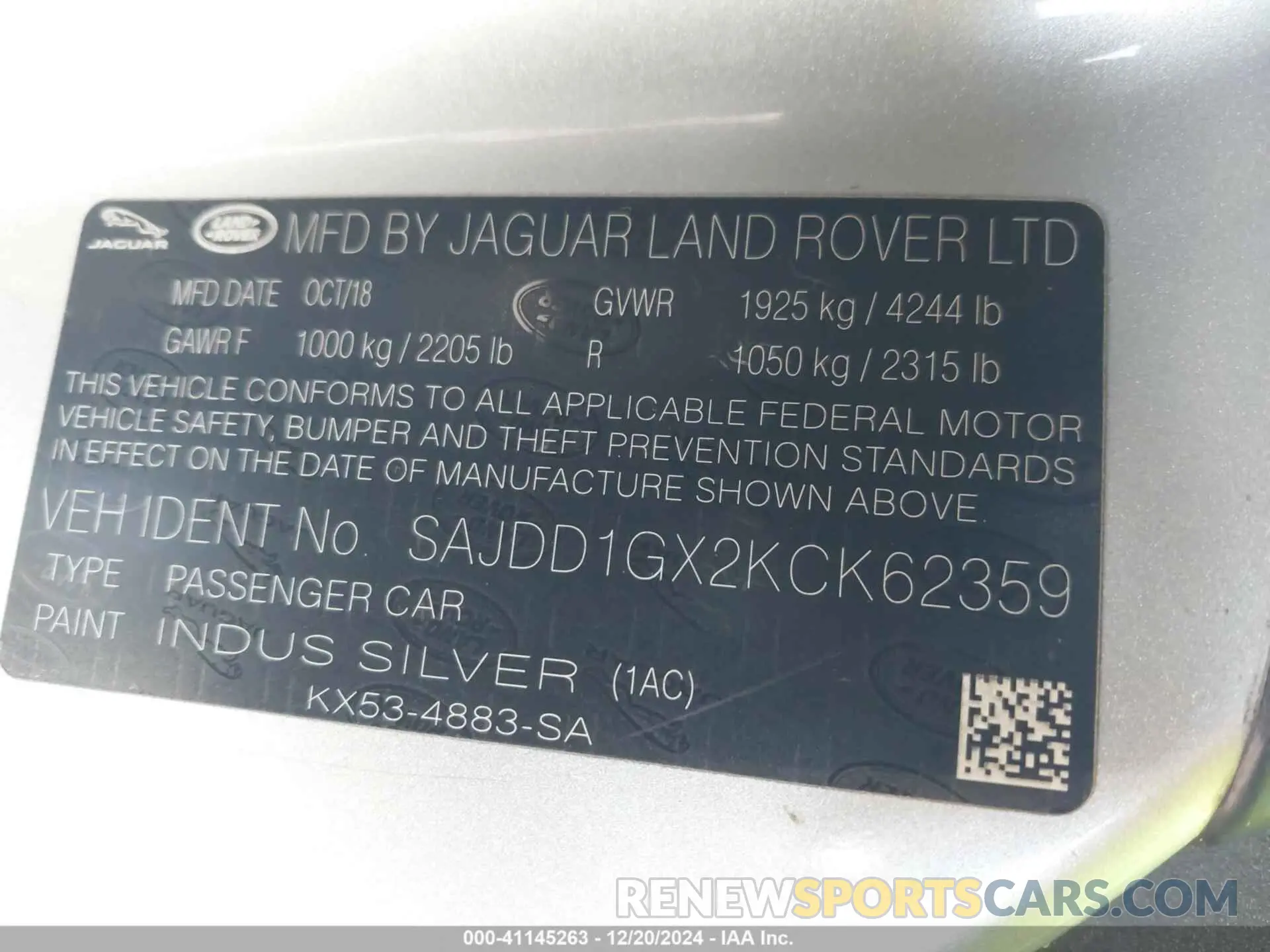 9 Photograph of a damaged car SAJDD1GX2KCK62359 JAGUAR F-TYPE 2019