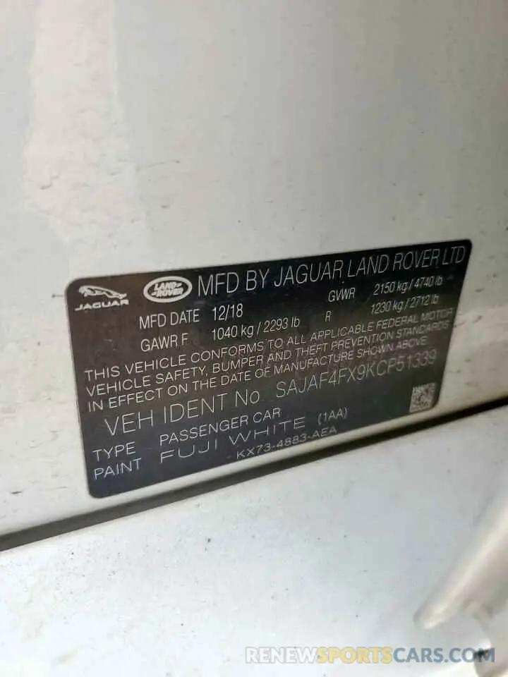 12 Фотография поврежденного автомобиля SAJAF4FX9KCP51339 JAGUAR XE 2019