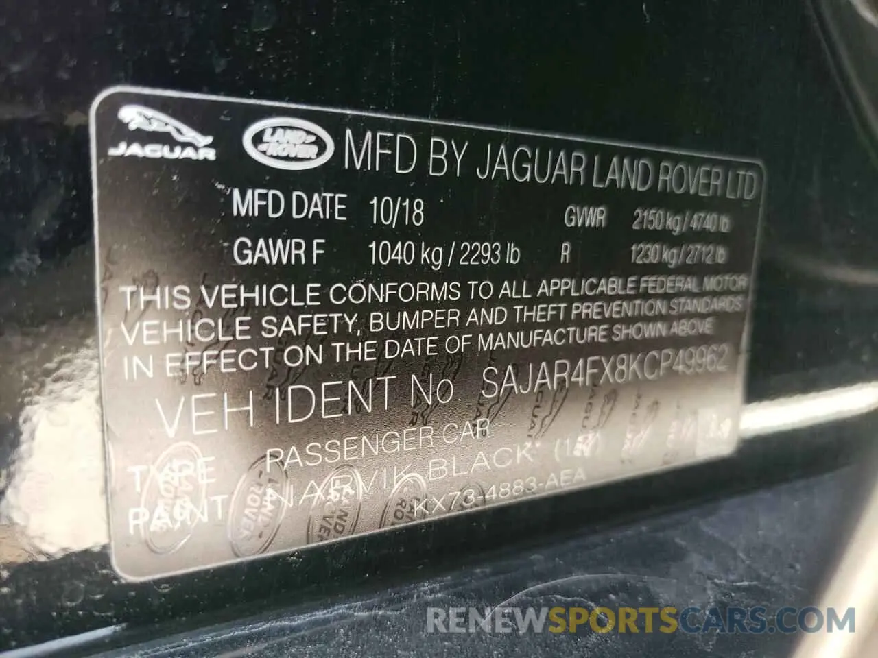 10 Photograph of a damaged car SAJAR4FX8KCP49962 JAGUAR XE 2019