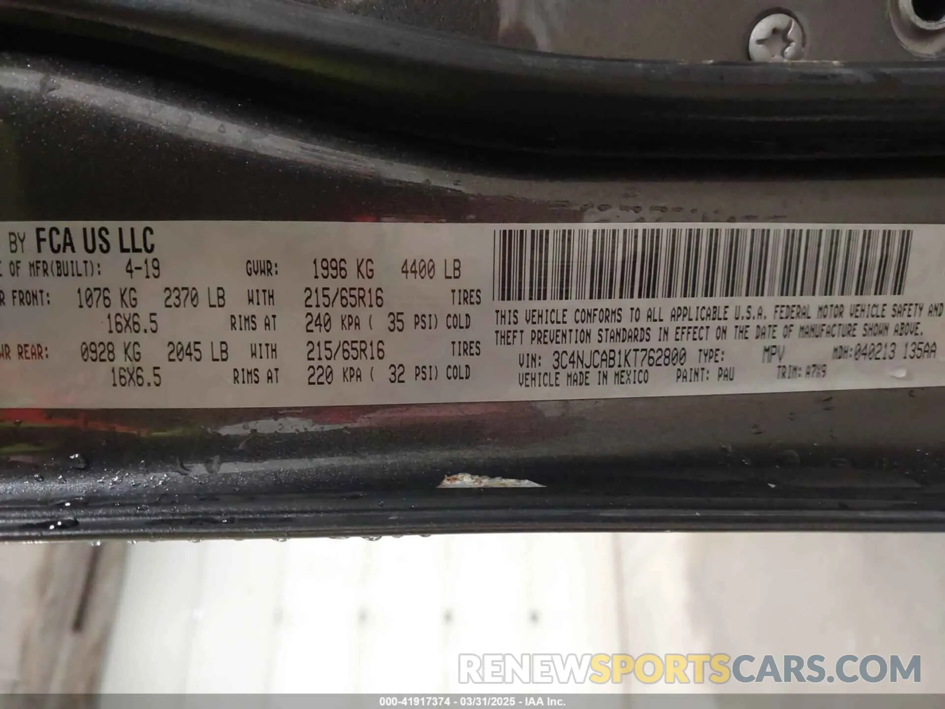 9 Фотография поврежденного автомобиля 3C4NJCAB1KT762800 JEEP COMPASS 2019