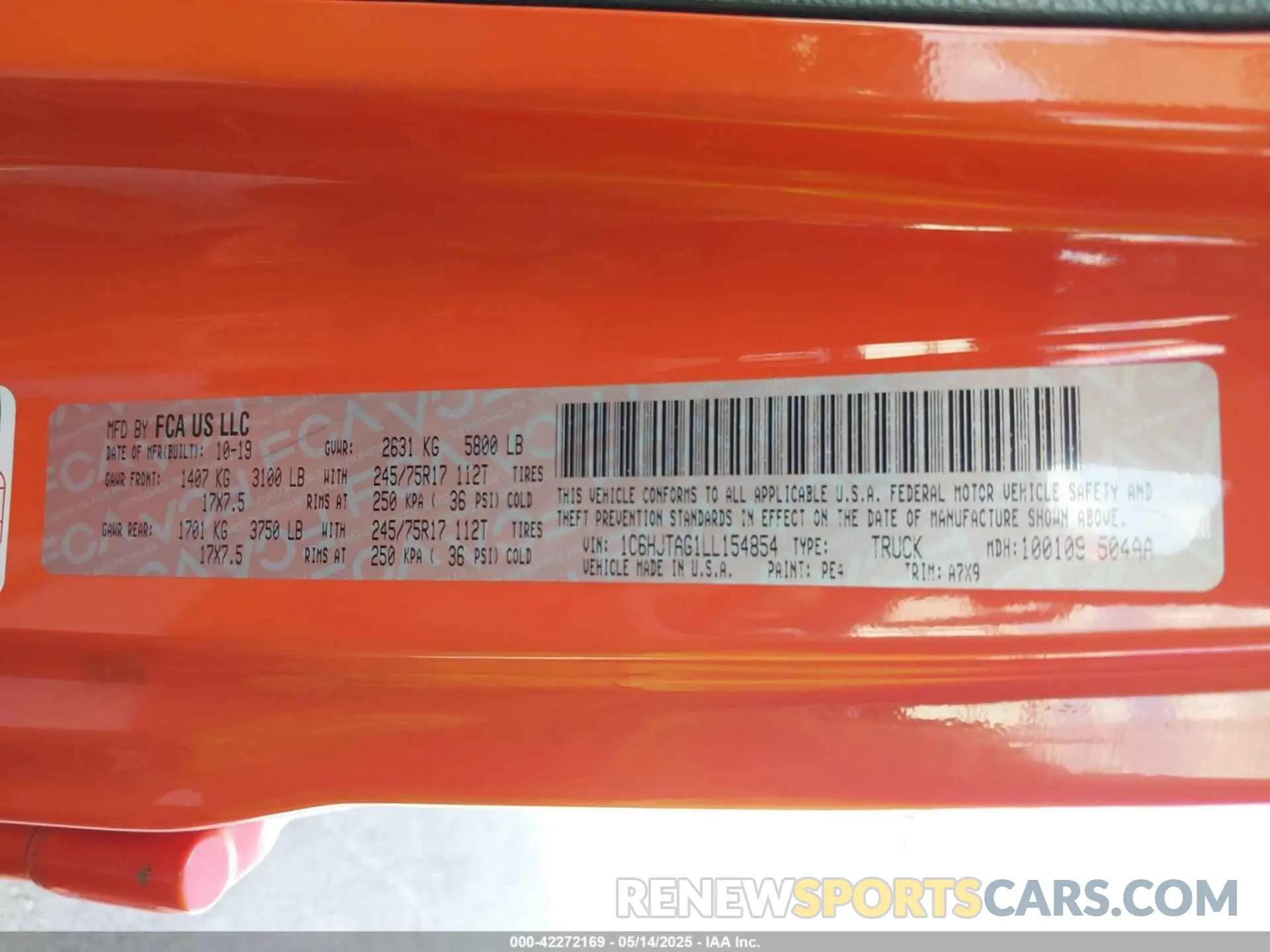 9 Photograph of a damaged car 1C6HJTAG1LL154854 JEEP GLADIATOR 2020