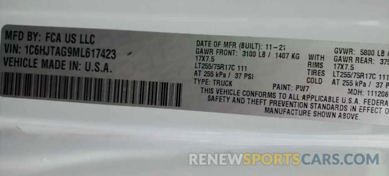 13 Photograph of a damaged car 1C6HJTAG9ML617423 JEEP GLADIATOR 2021
