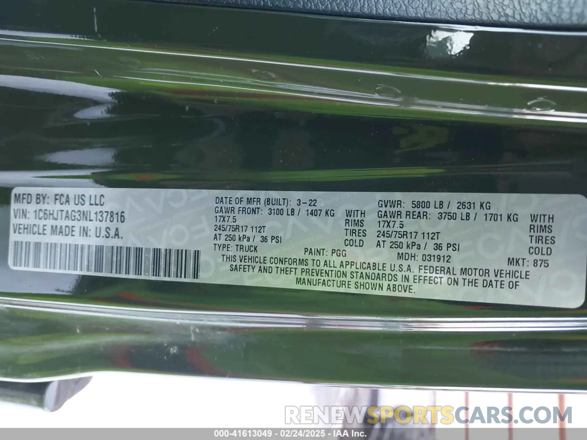 9 Фотография поврежденного автомобиля 1C6HJTAG3NL137816 JEEP GLADIATOR 2022