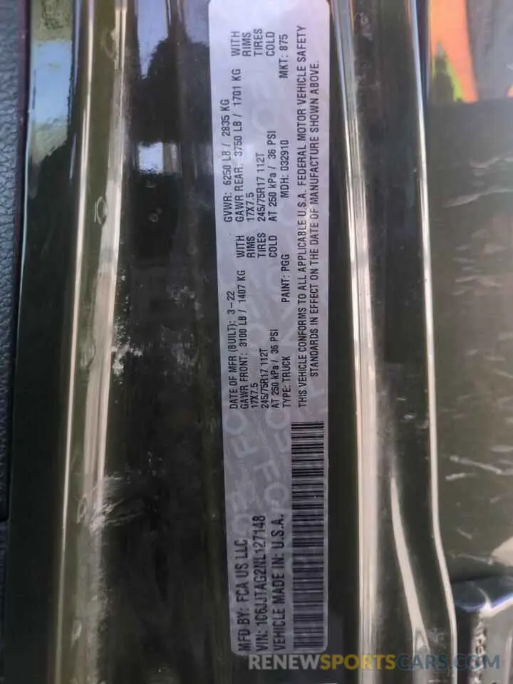 12 Photograph of a damaged car 1C6JJTAG2NL127148 JEEP GLADIATOR 2022