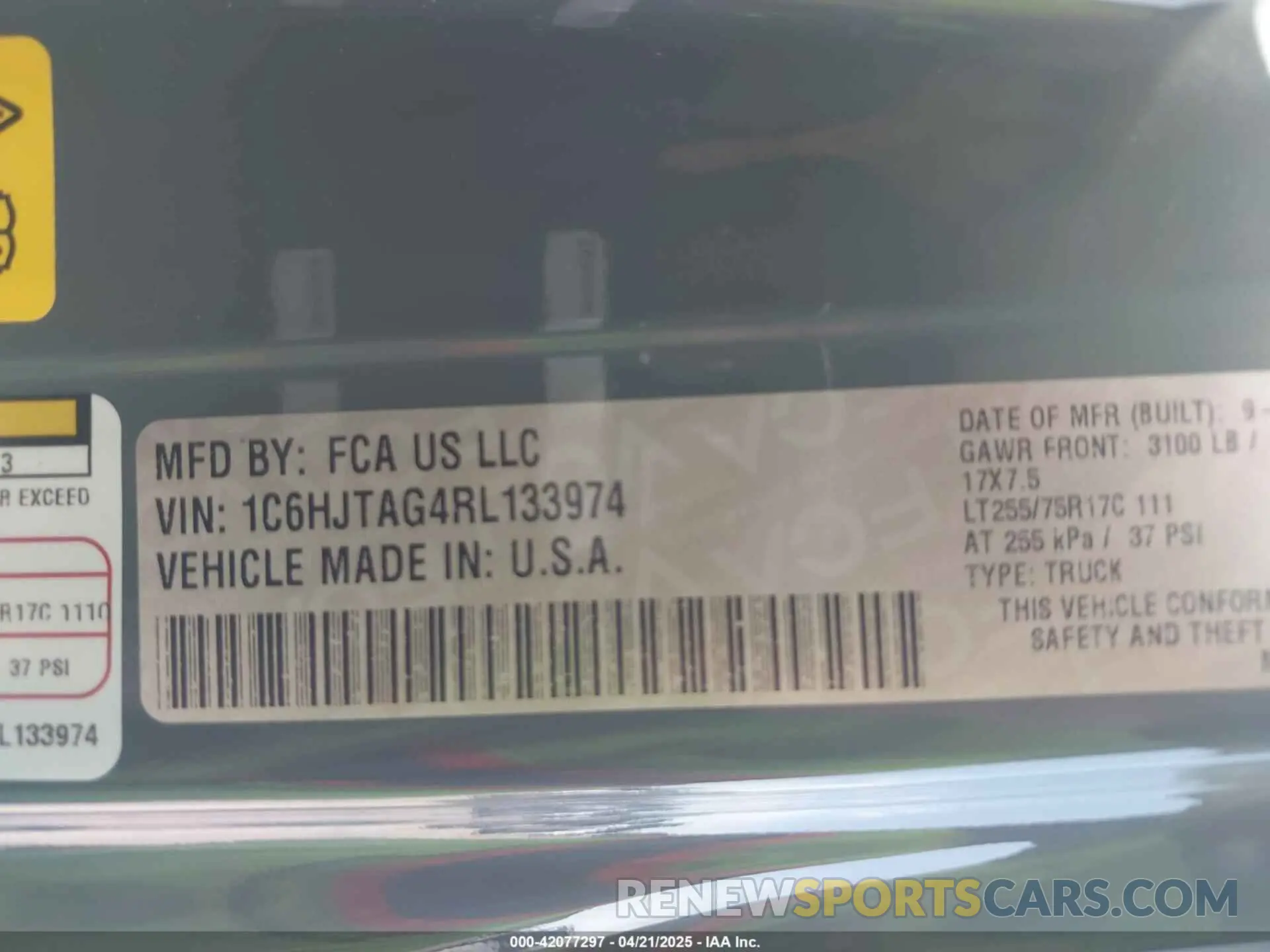 9 Фотография поврежденного автомобиля 1C6HJTAG4RL133974 JEEP GLADIATOR 2024