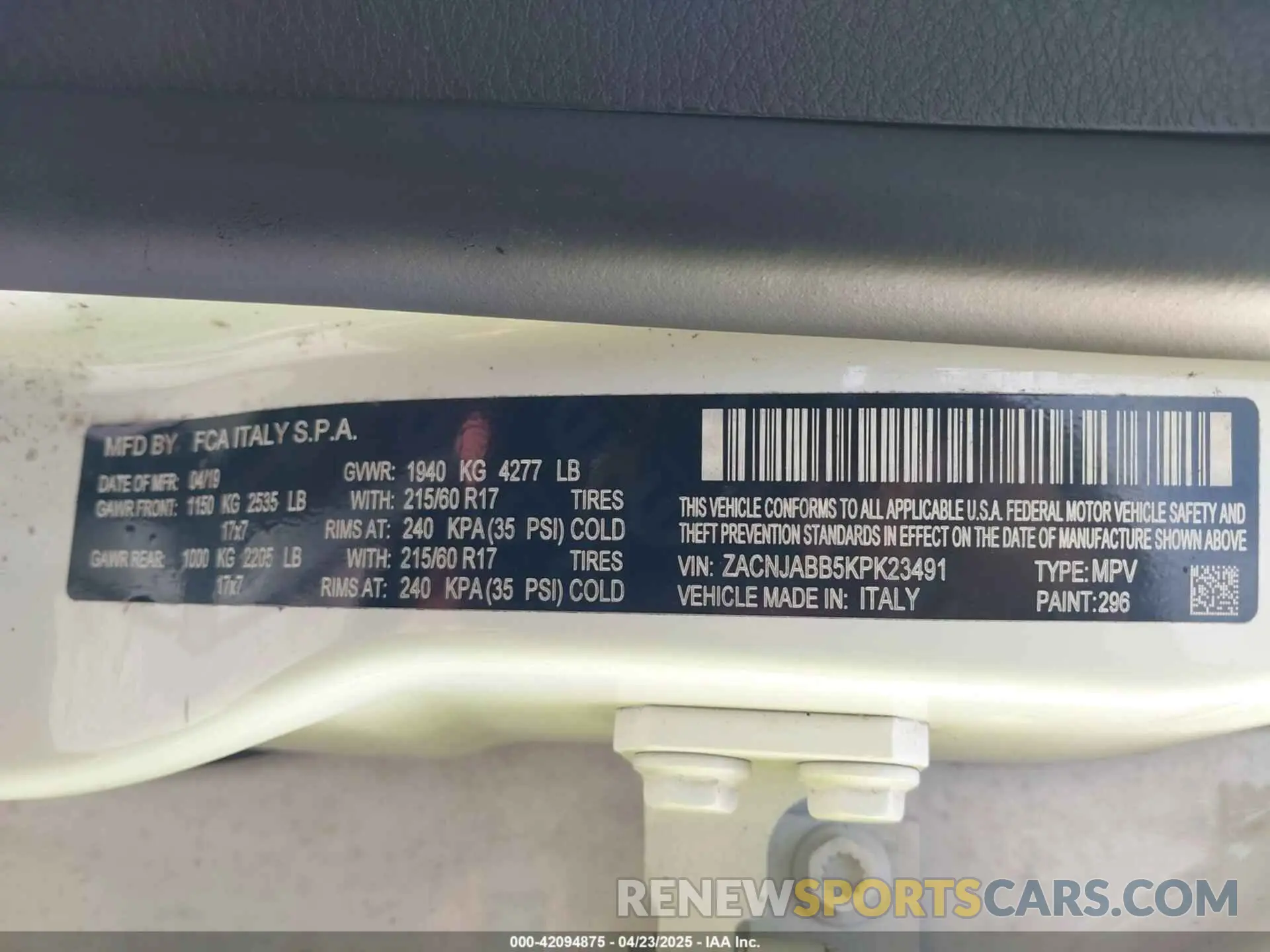 9 Photograph of a damaged car ZACNJABB5KPK23491 JEEP RENEGADE 2019
