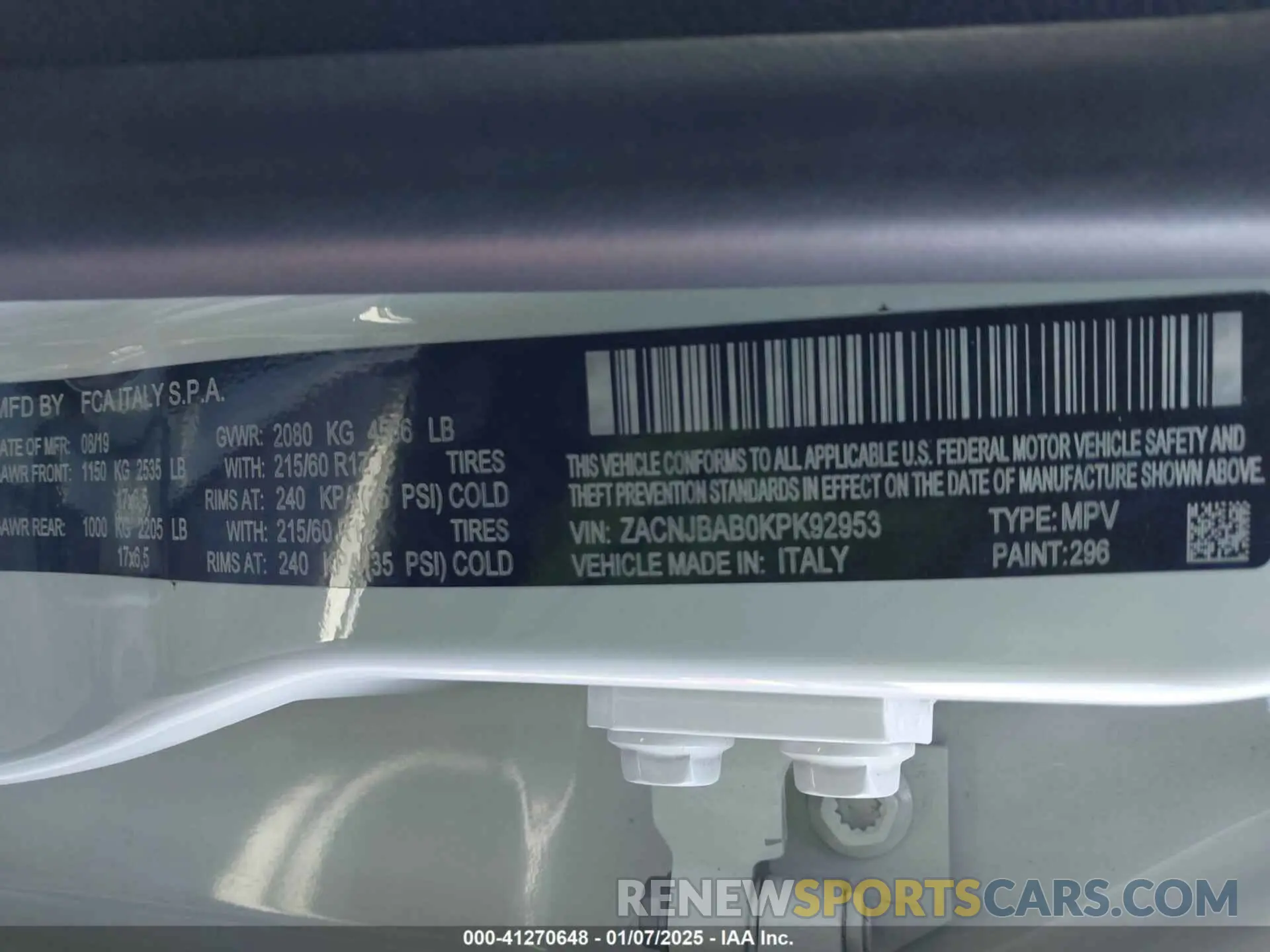 9 Photograph of a damaged car ZACNJBAB0KPK92953 JEEP RENEGADE 2019