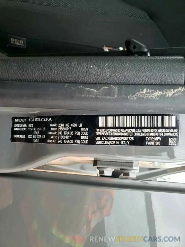 13 Photograph of a damaged car ZACNJBABXKPK61726 JEEP RENEGADE 2019