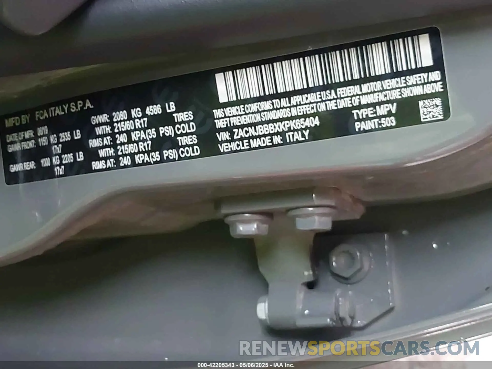 9 Photograph of a damaged car ZACNJBBBXKPK65404 JEEP RENEGADE 2019