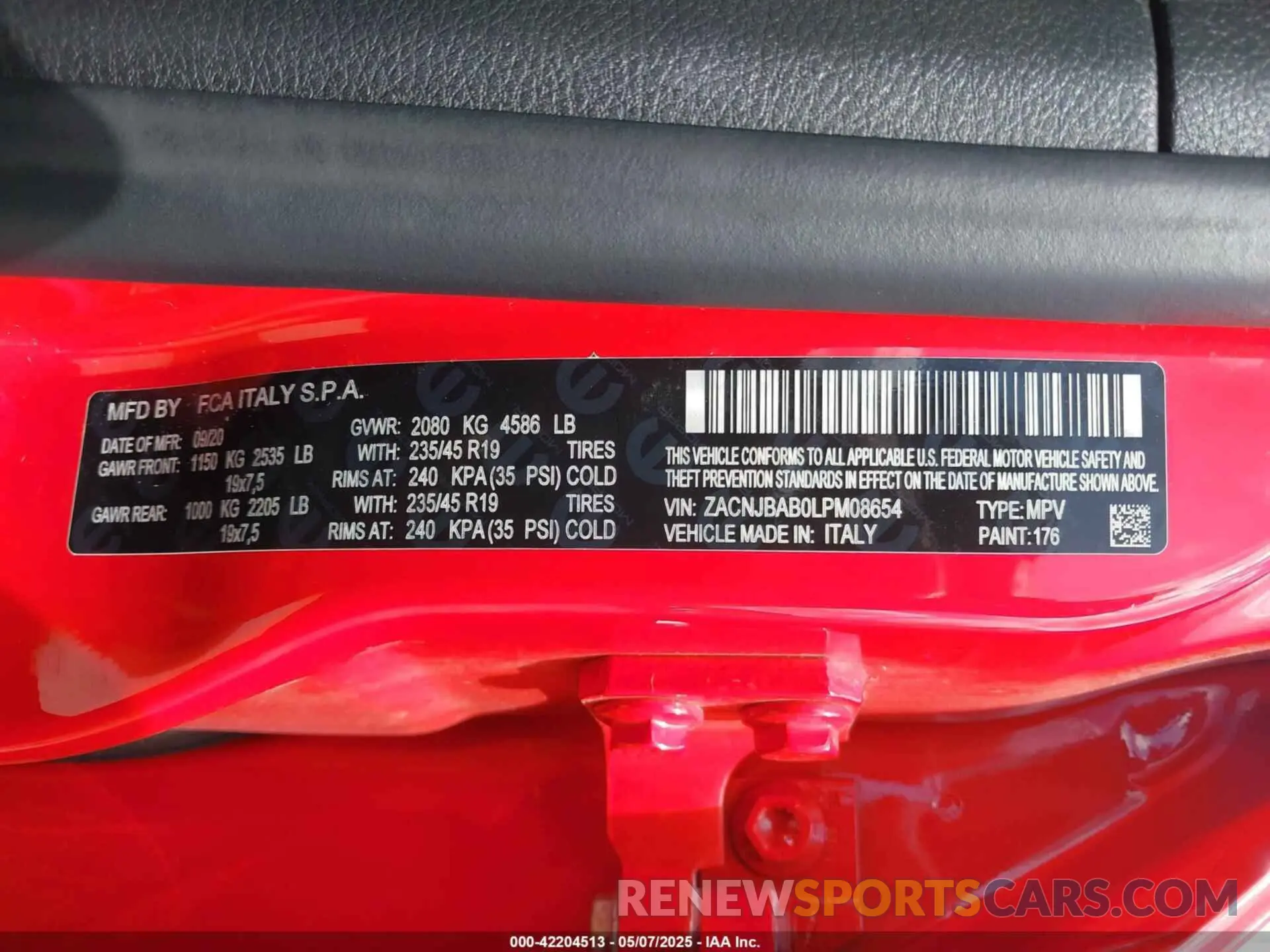 9 Photograph of a damaged car ZACNJBAB0LPM08654 JEEP RENEGADE 2020