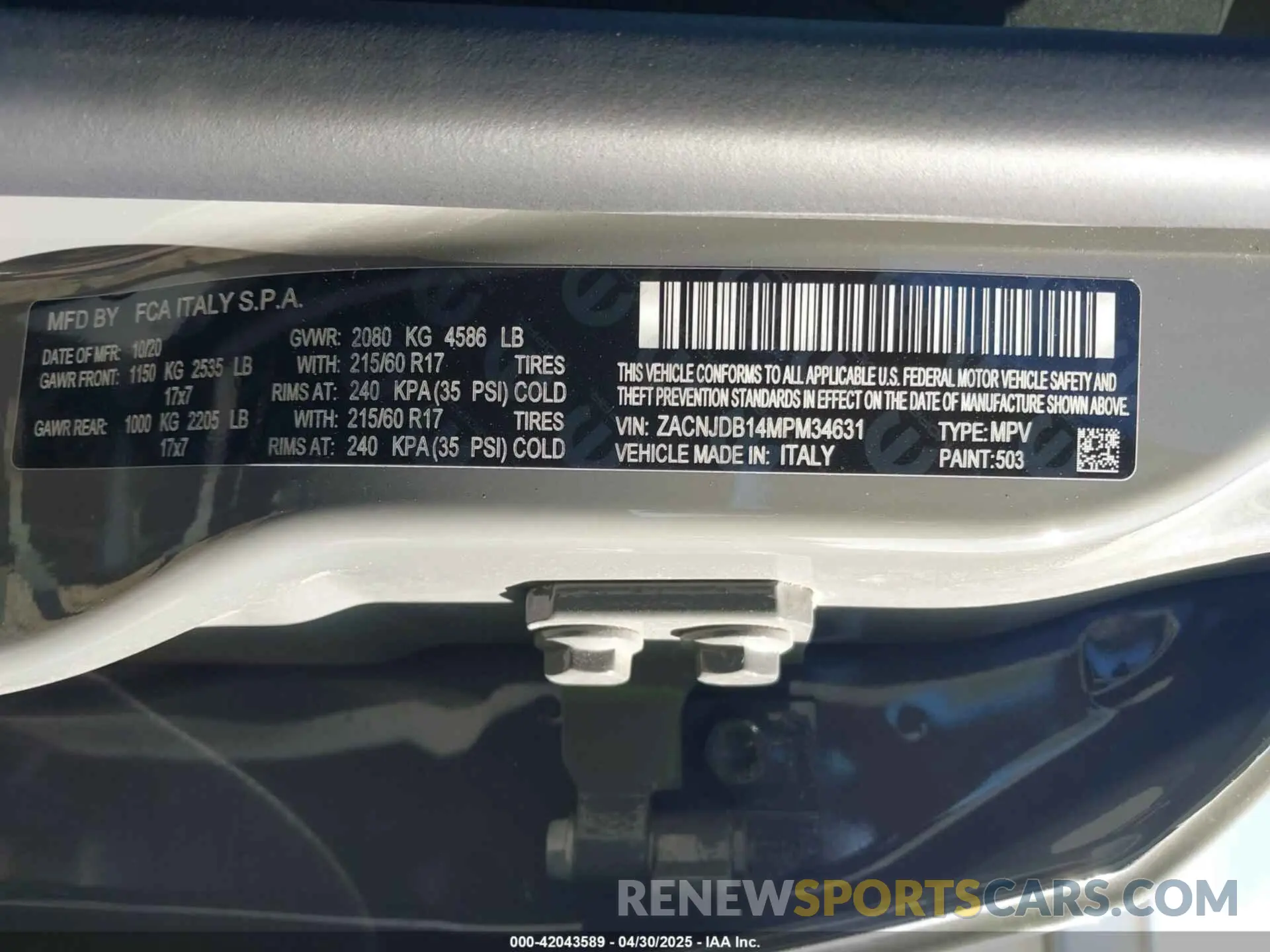 9 Photograph of a damaged car ZACNJDB14MPM34631 JEEP RENEGADE 2021
