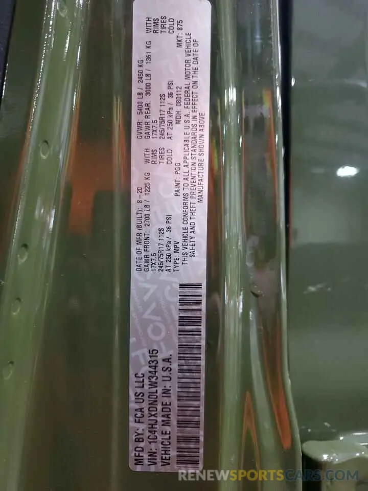 12 Фотография поврежденного автомобиля 1C4HJXDN0LW344315 JEEP WRANGLER 2020