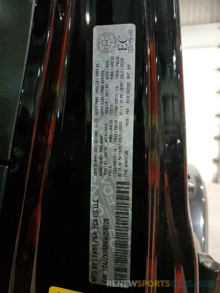12 Фотография поврежденного автомобиля 1C4JJXR68NW259728 JEEP WRANGLER 2022