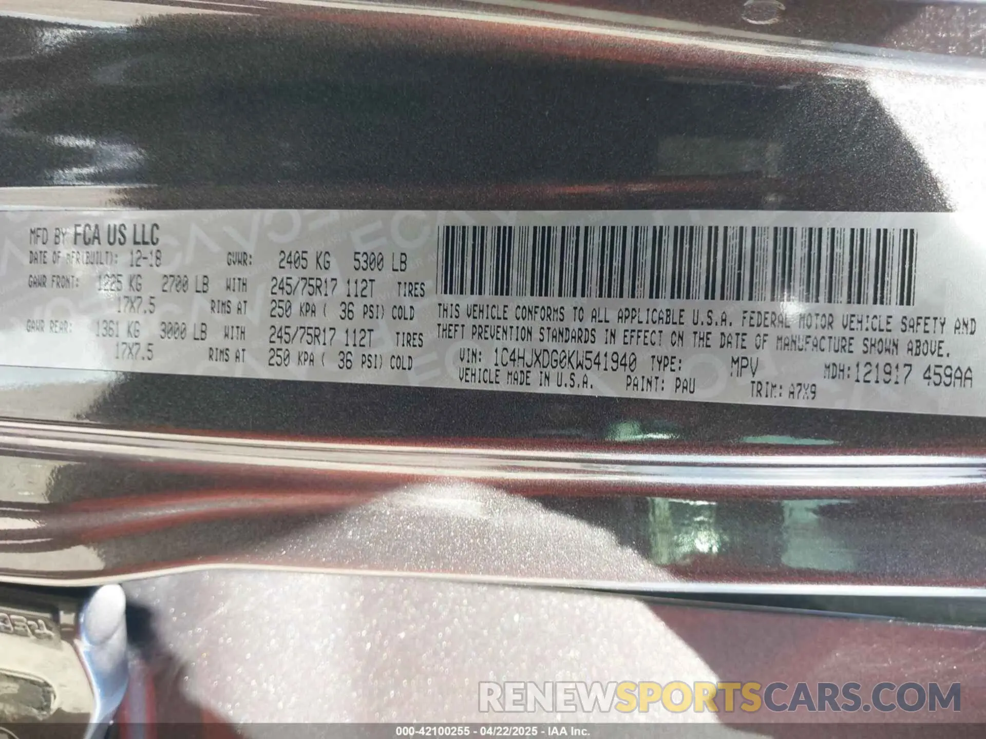 9 Photograph of a damaged car 1C4HJXDG0KW541940 JEEP WRANGLER UNLIMITED 2019