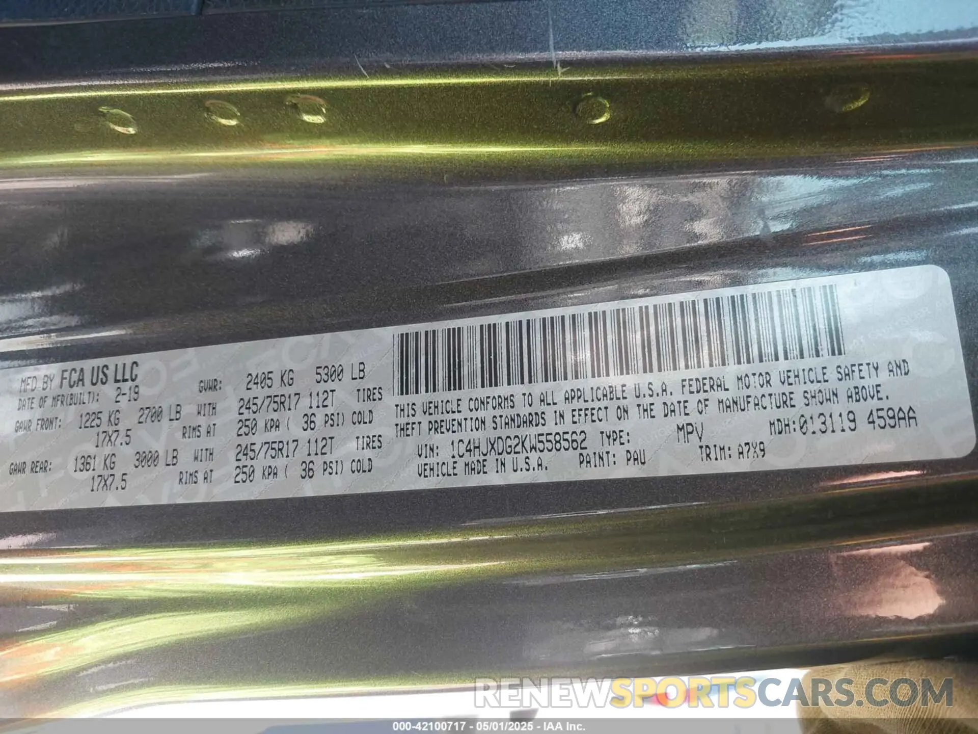 9 Photograph of a damaged car 1C4HJXDG2KW558562 JEEP WRANGLER UNLIMITED 2019