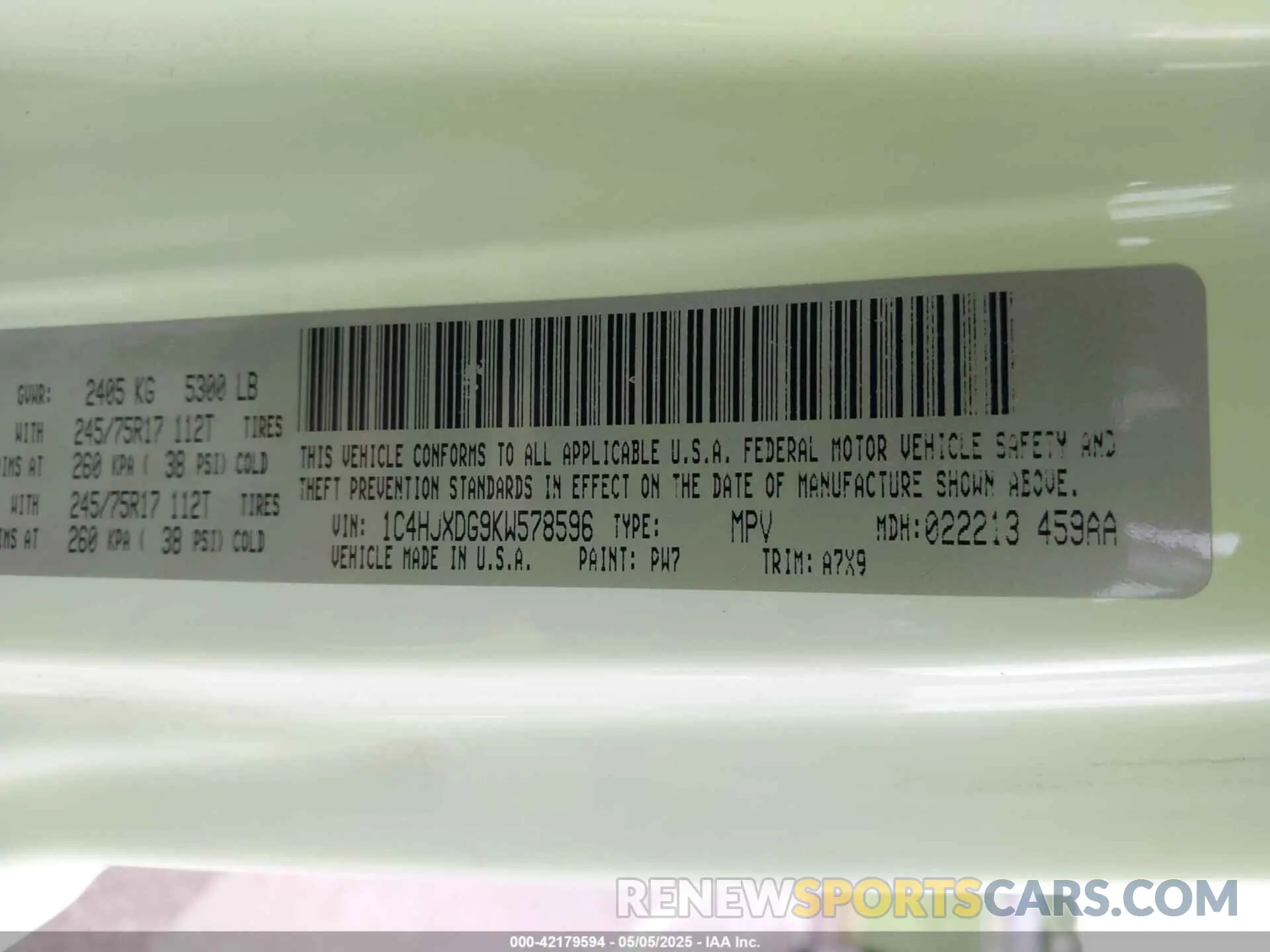 9 Photograph of a damaged car 1C4HJXDG9KW578596 JEEP WRANGLER UNLIMITED 2019