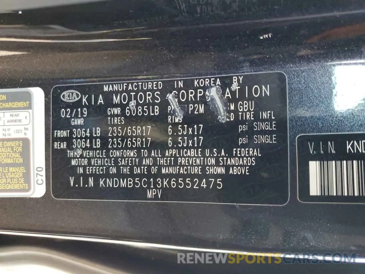 13 Фотография поврежденного автомобиля KNDMB5C13K6552475 KIA All Models 2019