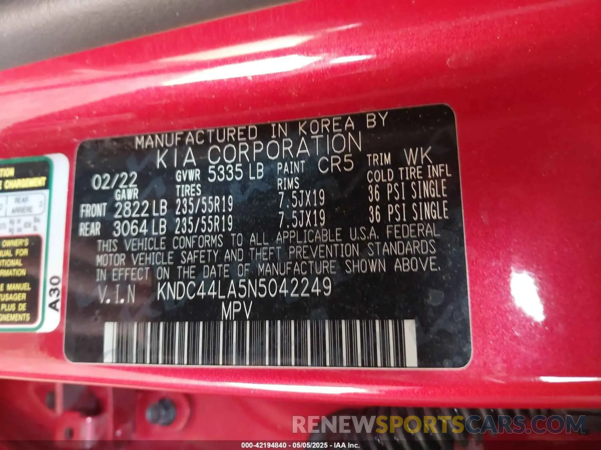 9 Photograph of a damaged car KNDC44LA5N5042249 KIA EV6 2022