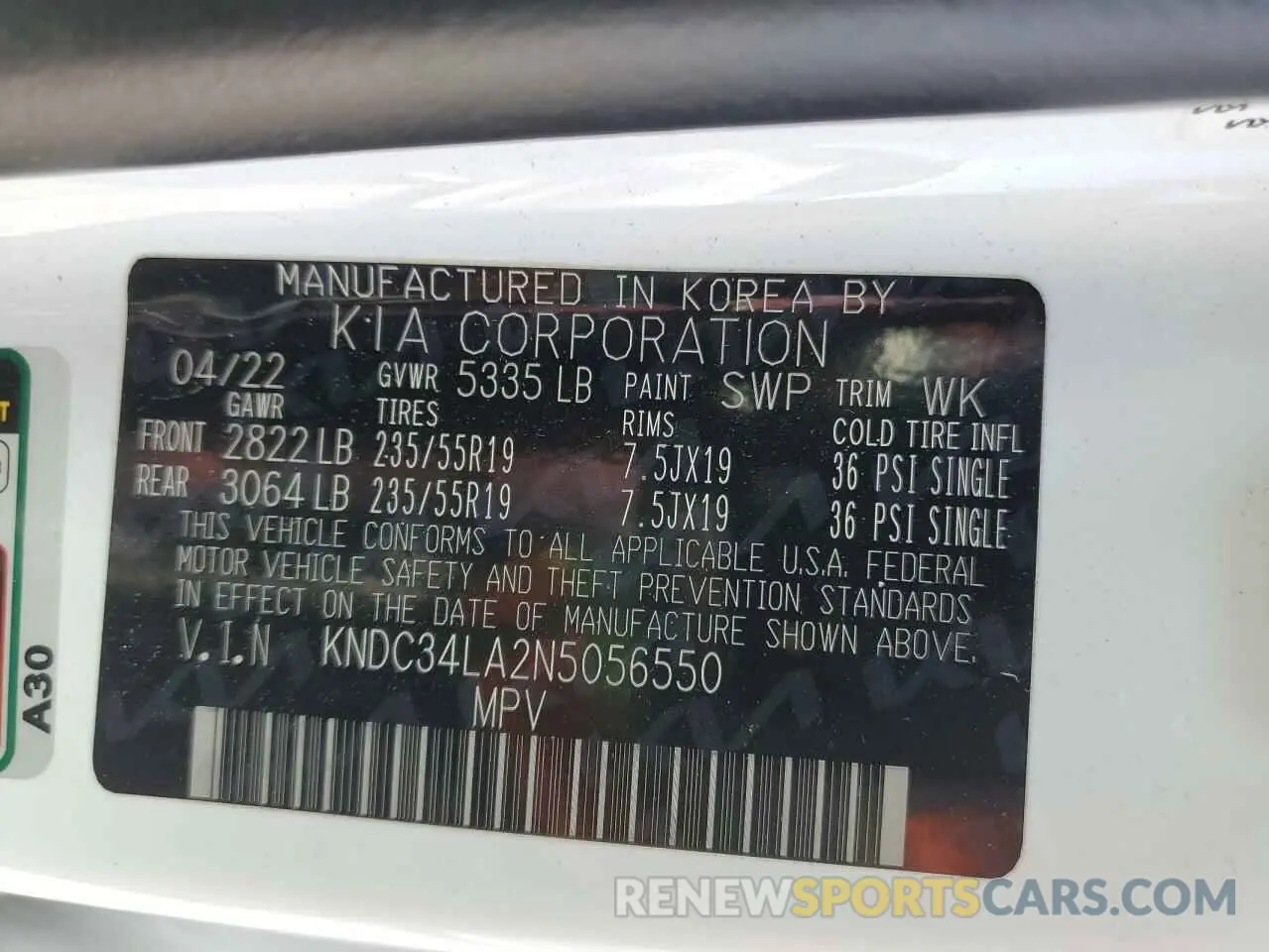 13 Photograph of a damaged car KNDC34LA2N5056550 KIA EV6 LIGHT 2022