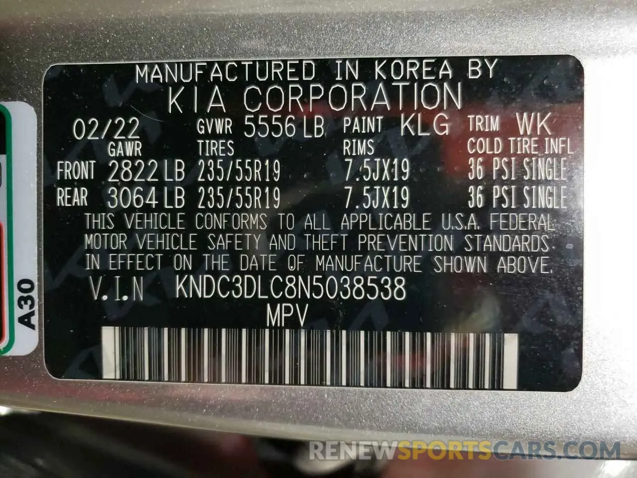 13 Photograph of a damaged car KNDC3DLC8N5038538 KIA EV6 LIGHT 2022