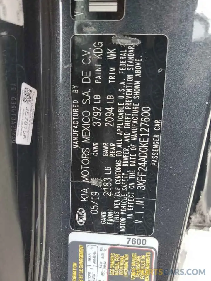 14 Photograph of a damaged car 3KPF24AD0KE127600 KIA FORTE 2019