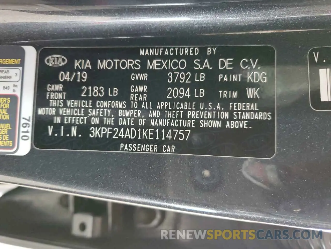 13 Photograph of a damaged car 3KPF24AD1KE114757 KIA FORTE 2019