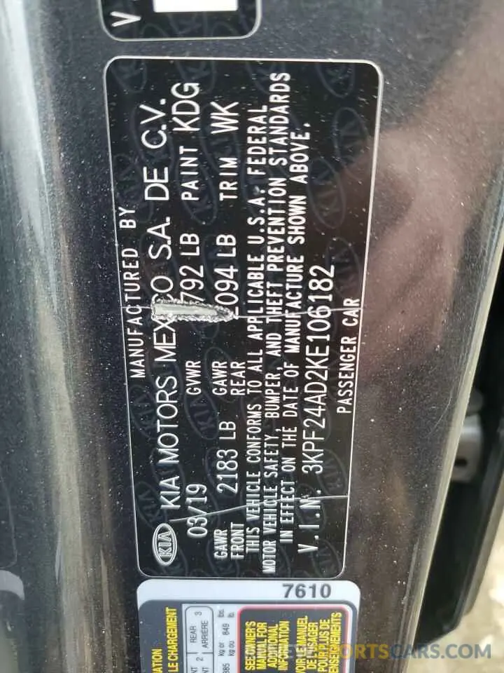 13 Photograph of a damaged car 3KPF24AD2KE106182 KIA FORTE 2019