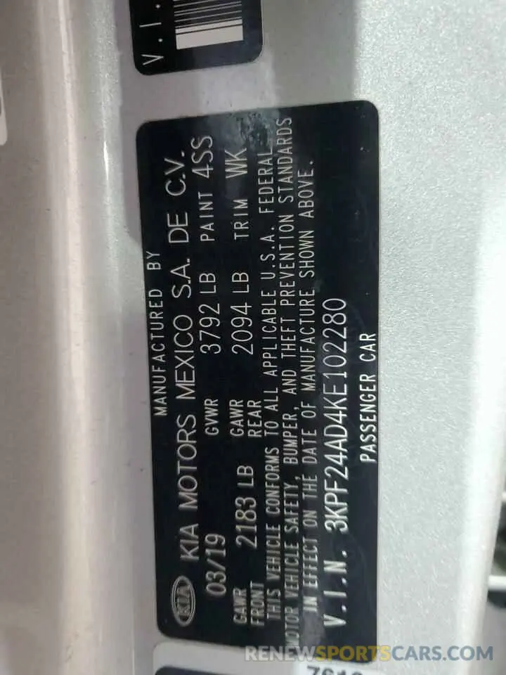 13 Photograph of a damaged car 3KPF24AD4KE102280 KIA FORTE 2019