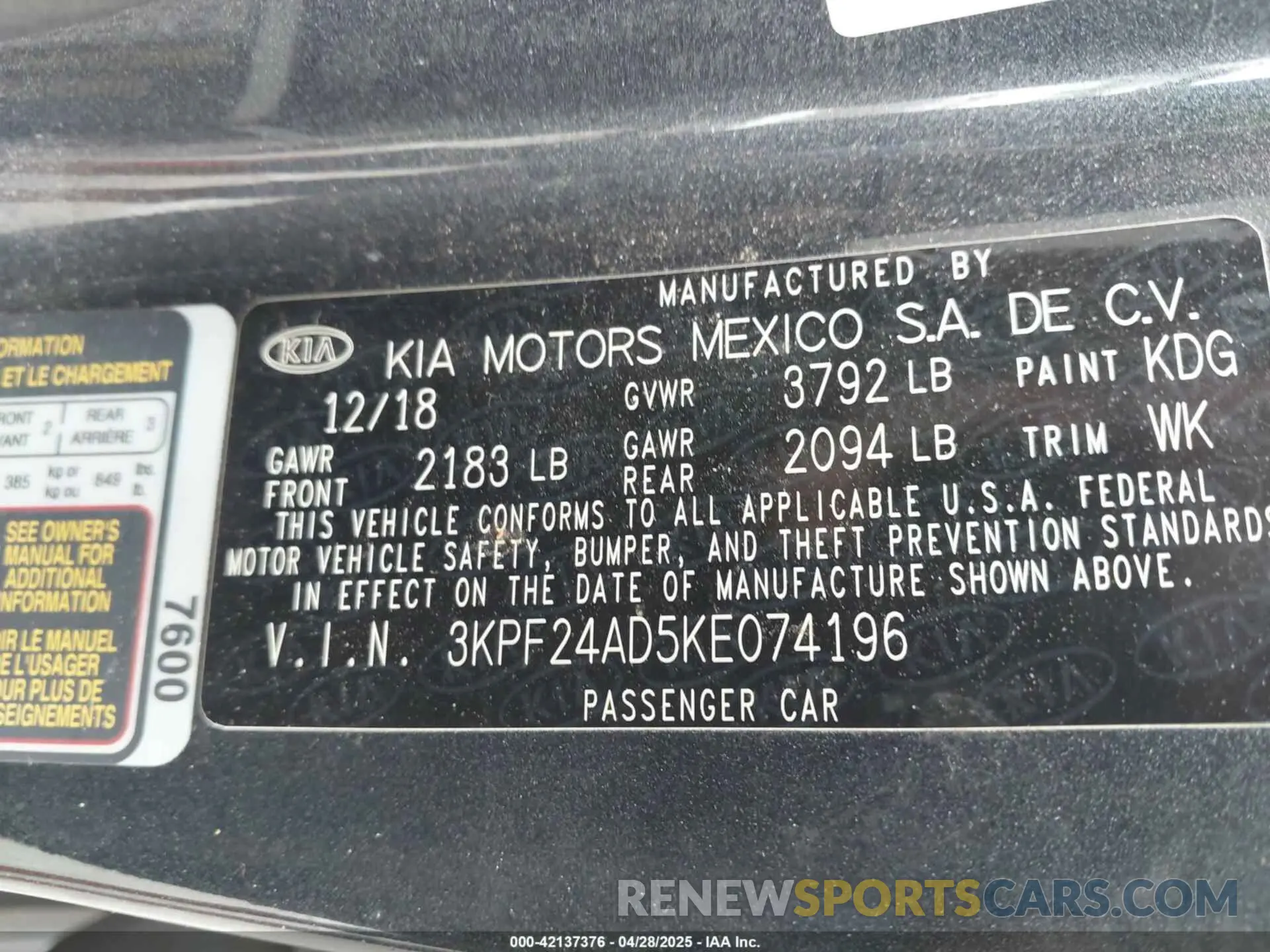 9 Photograph of a damaged car 3KPF24AD5KE074196 KIA FORTE 2019