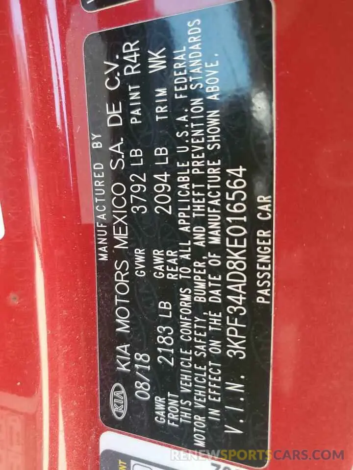 14 Фотография поврежденного автомобиля 3KPF34AD8KE016564 KIA FORTE 2019