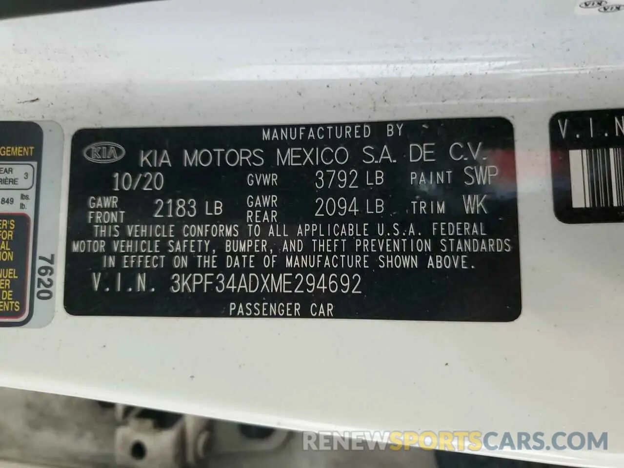 12 Photograph of a damaged car 3KPF34ADXME294692 KIA FORTE 2021