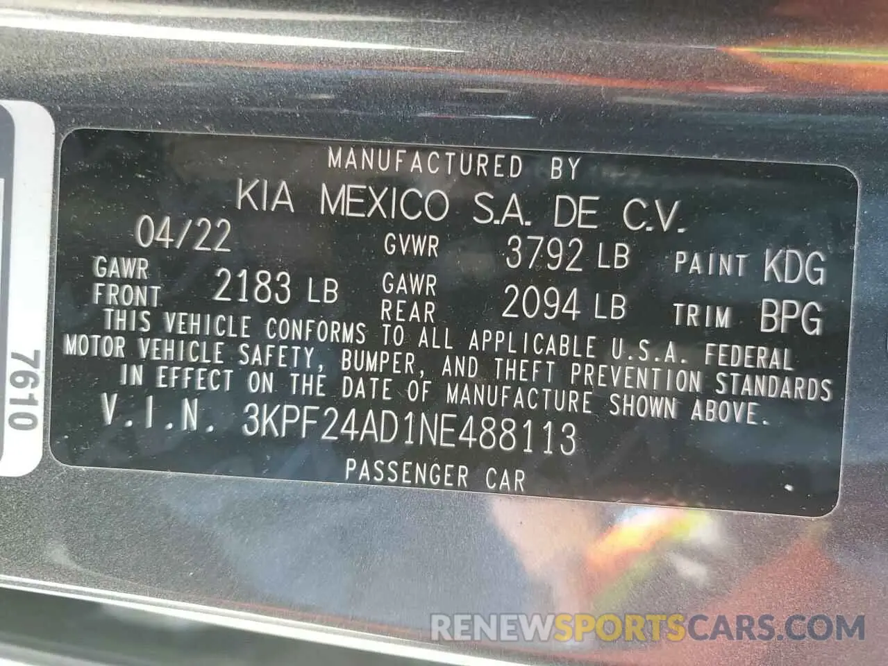 12 Photograph of a damaged car 3KPF24AD1NE488113 KIA FORTE 2022