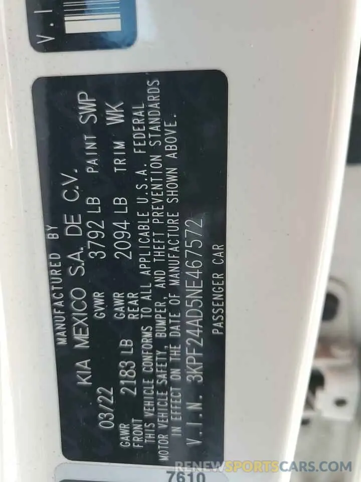 12 Фотография поврежденного автомобиля 3KPF24AD5NE467572 KIA FORTE 2022