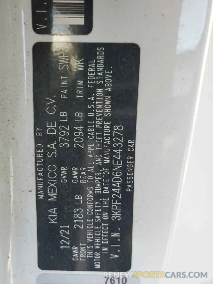 13 Photograph of a damaged car 3KPF24AD6NE443278 KIA FORTE 2022