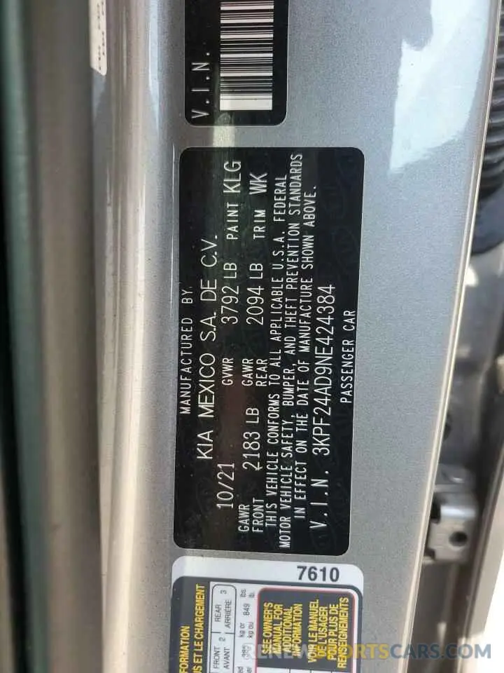 12 Photograph of a damaged car 3KPF24AD9NE424384 KIA FORTE 2022