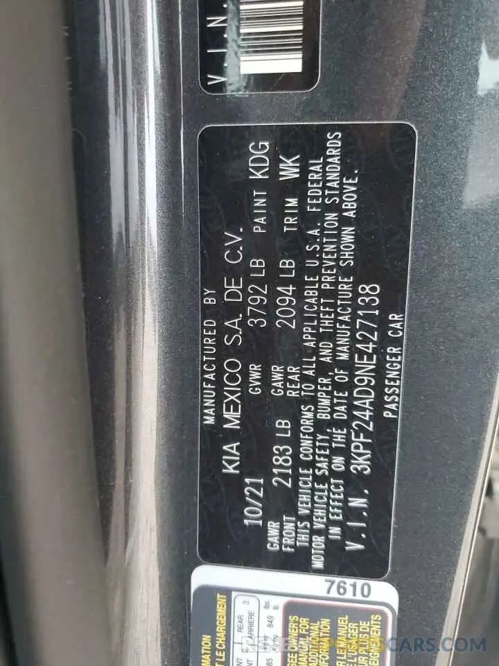 12 Фотография поврежденного автомобиля 3KPF24AD9NE427138 KIA FORTE 2022
