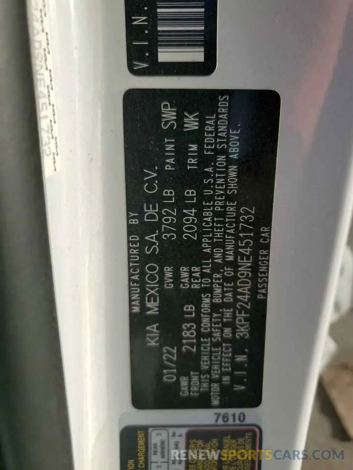 12 Фотография поврежденного автомобиля 3KPF24AD9NE451732 KIA FORTE 2022