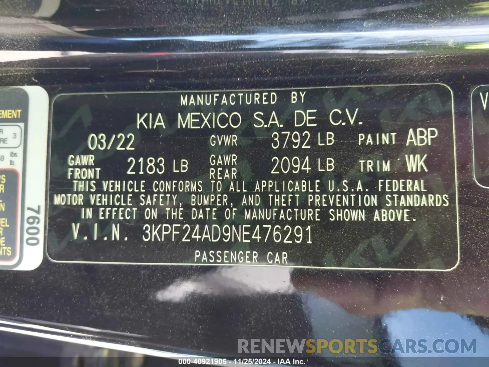 9 Photograph of a damaged car 3KPF24AD9NE476291 KIA FORTE 2022