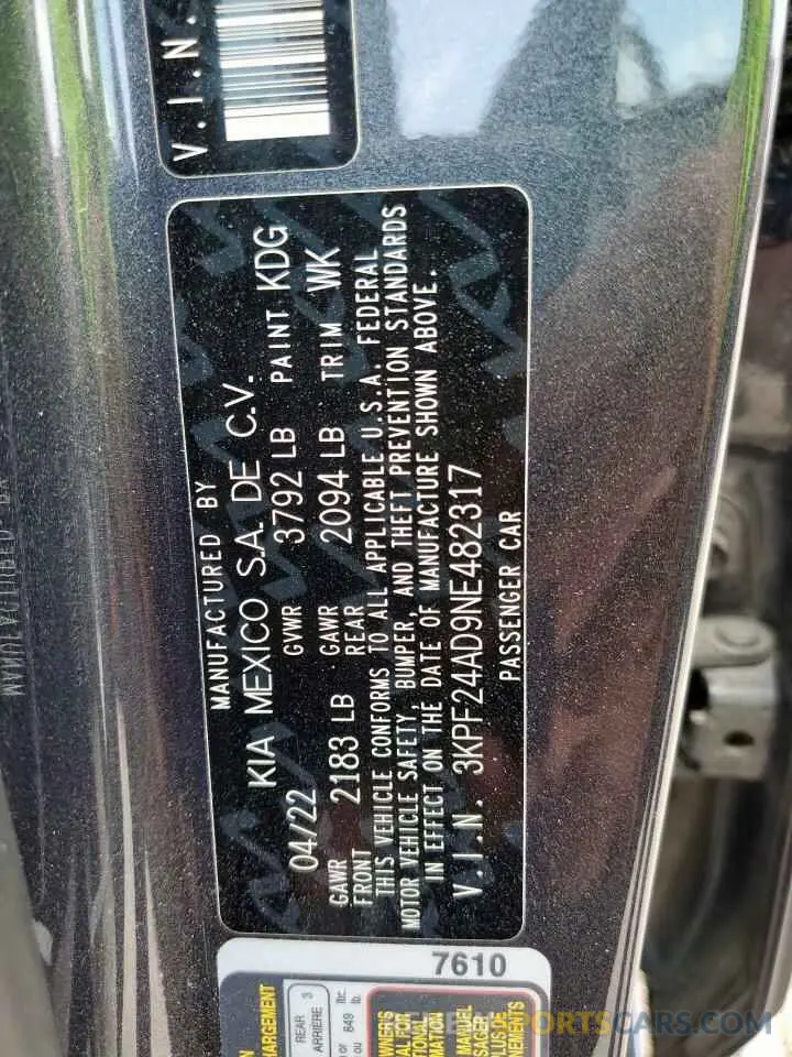 12 Photograph of a damaged car 3KPF24AD9NE482317 KIA FORTE 2022
