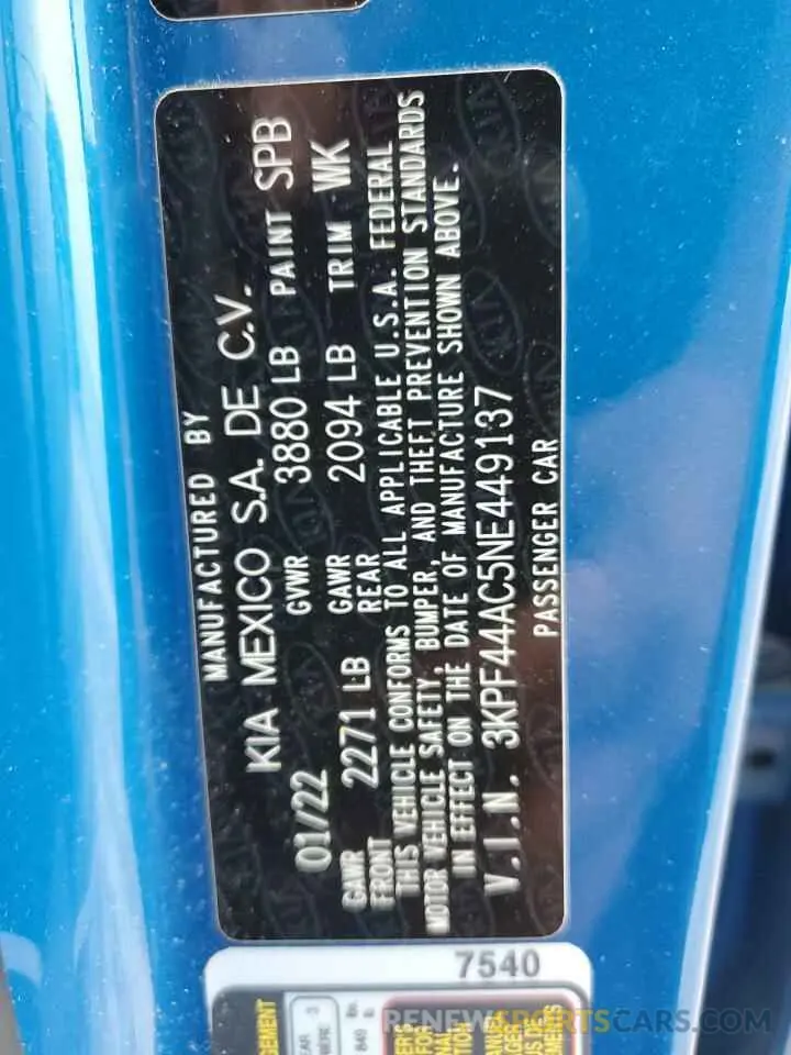 12 Фотография поврежденного автомобиля 3KPF44AC5NE449137 KIA FORTE 2022
