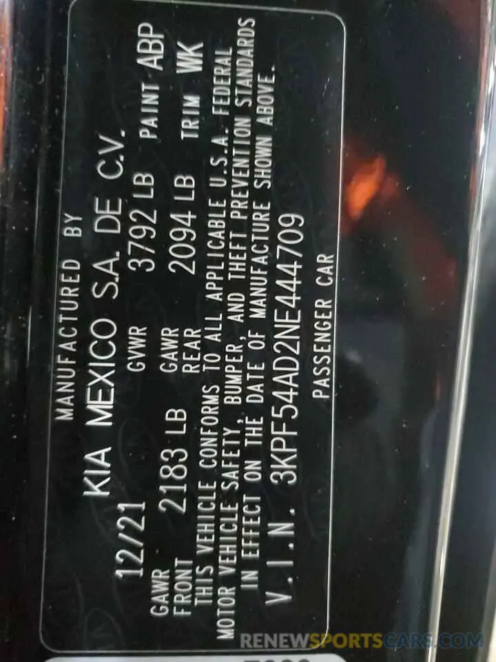 12 Photograph of a damaged car 3KPF54AD2NE444709 KIA FORTE 2022