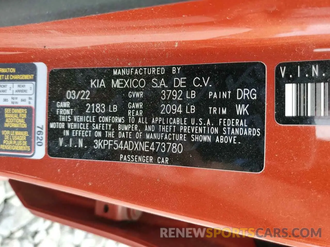 12 Photograph of a damaged car 3KPF54ADXNE473780 KIA FORTE 2022