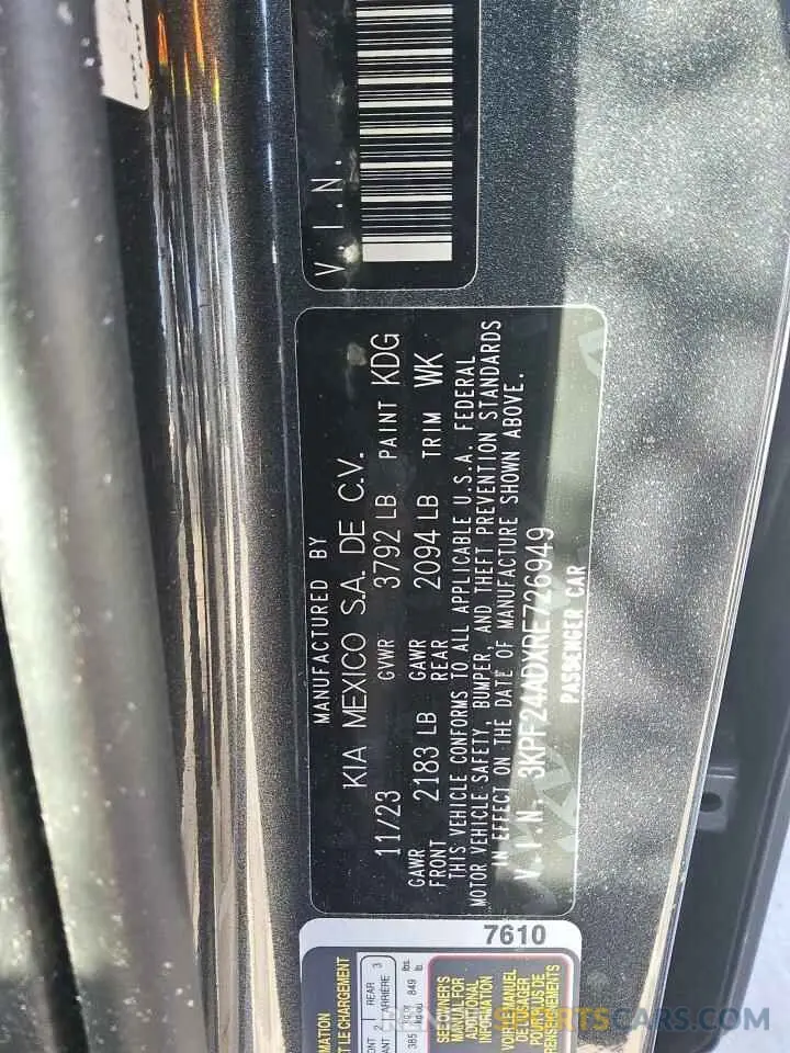 12 Photograph of a damaged car 3KPF24ADXRE726949 KIA FORTE 2024